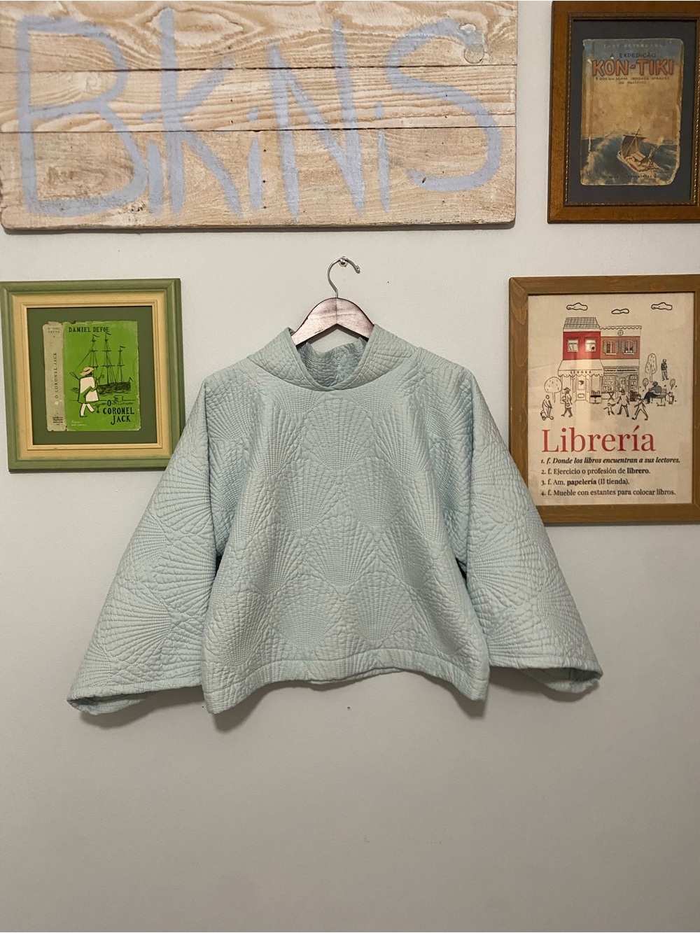 Light Blue Quilted Women's Sweater - Minimal No Waste Bog Boxy Pullover